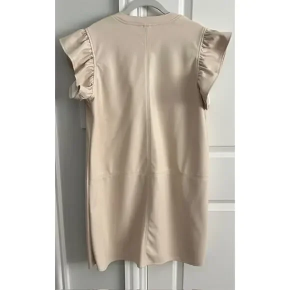 THML Faux Leather Cream Flutter Sleeve Mini Shift Style Dress Large - Picture 6 of 8